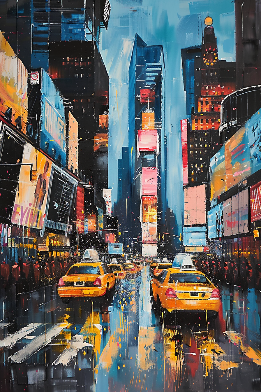 Colorful painting of taxis on a bustling city street with skyscrapers and vibrant advertisements.