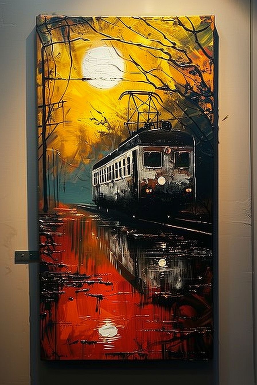 A vibrant painting on a door depicting a train with autumnal trees and reflections on a wet surface, showcased in warm yellow and red tones.