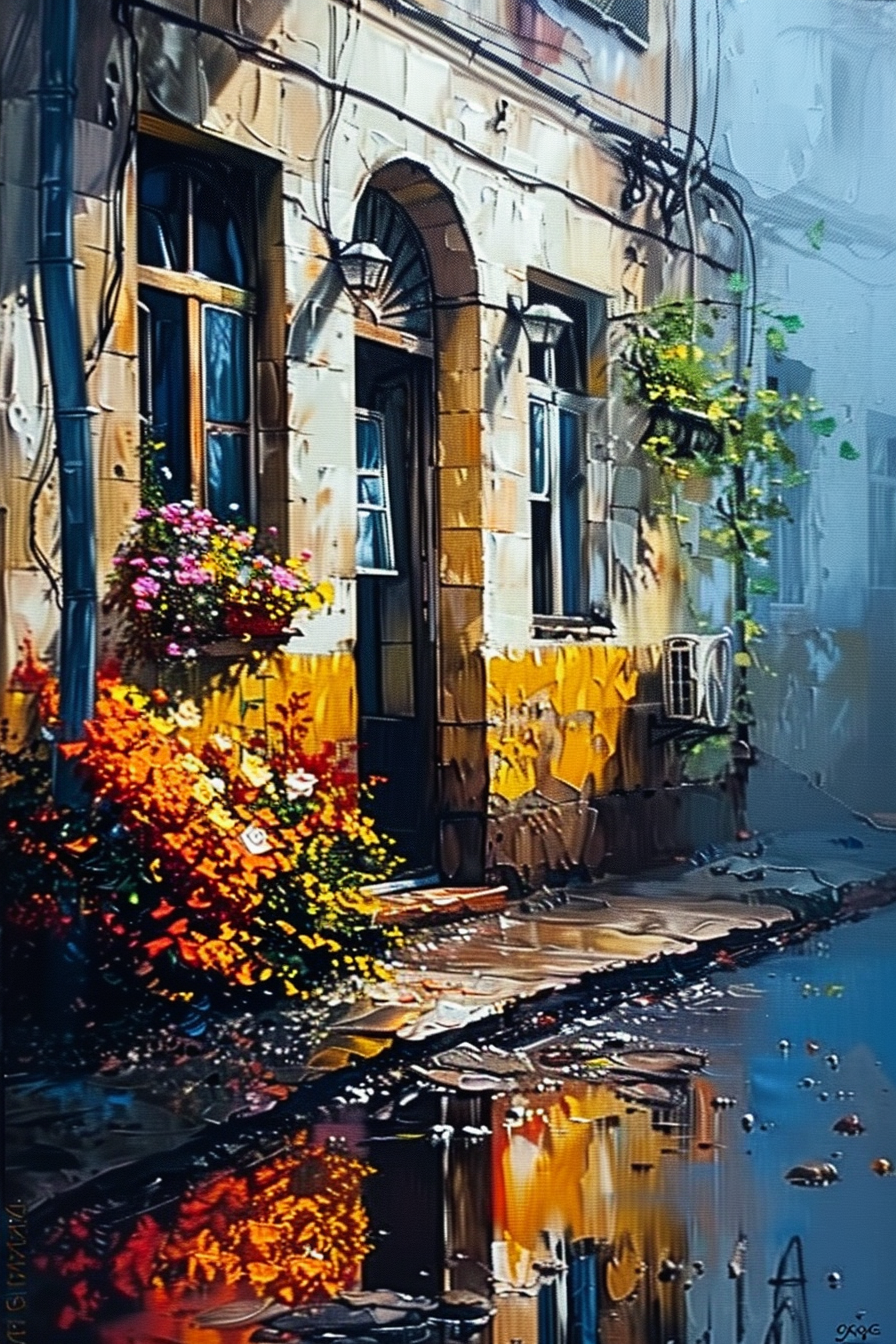 A vibrant painting of a charming street scene with colorful flowers by old buildings reflecting in a rainwater puddle.