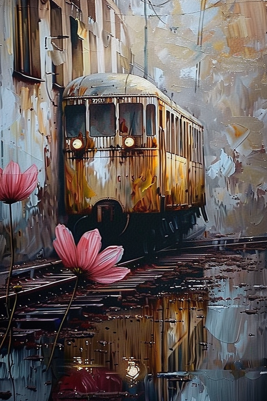 "Oil painting of an old-fashioned tram emerging from a blurred cityscape with vibrant pink flowers in the foreground and a reflection on wet ground."