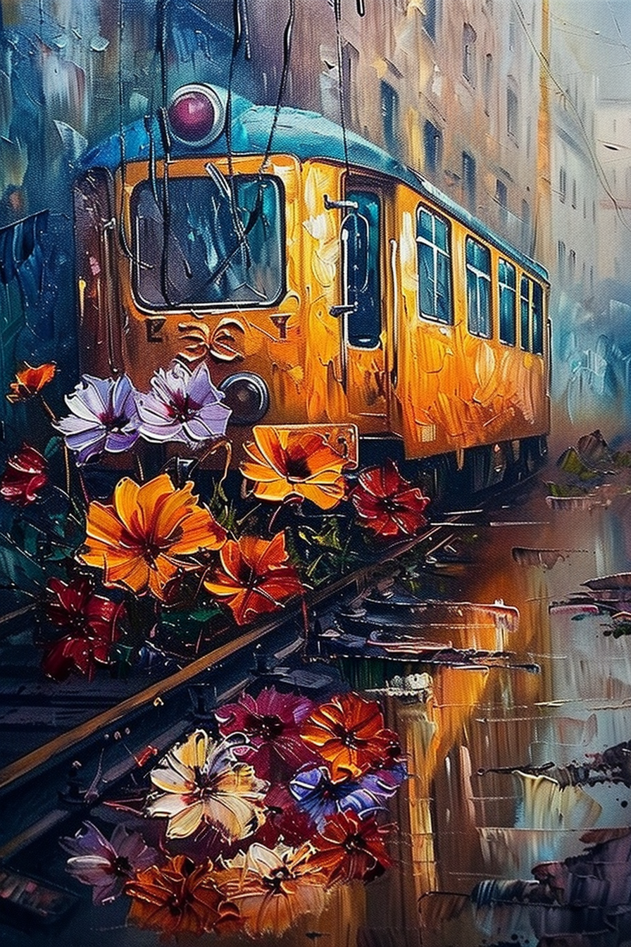 Colorful painting of an orange tram on rainy city tracks surrounded by vibrant flowers with reflections on wet surfaces.