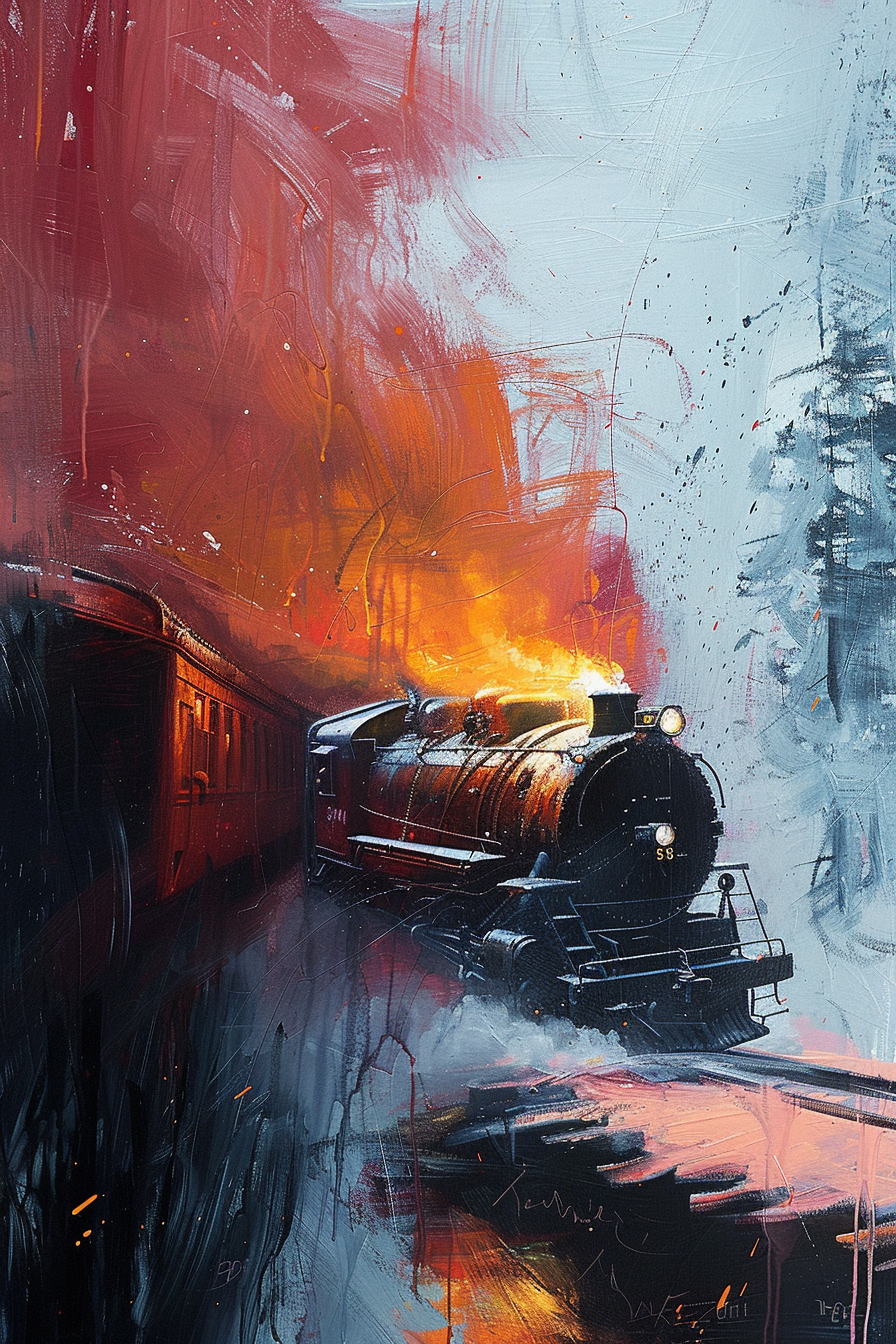 ALT text: "Abstract textured painting of a black vintage steam locomotive emerging from vibrant flames and smoke, with dynamic strokes of red and grey."