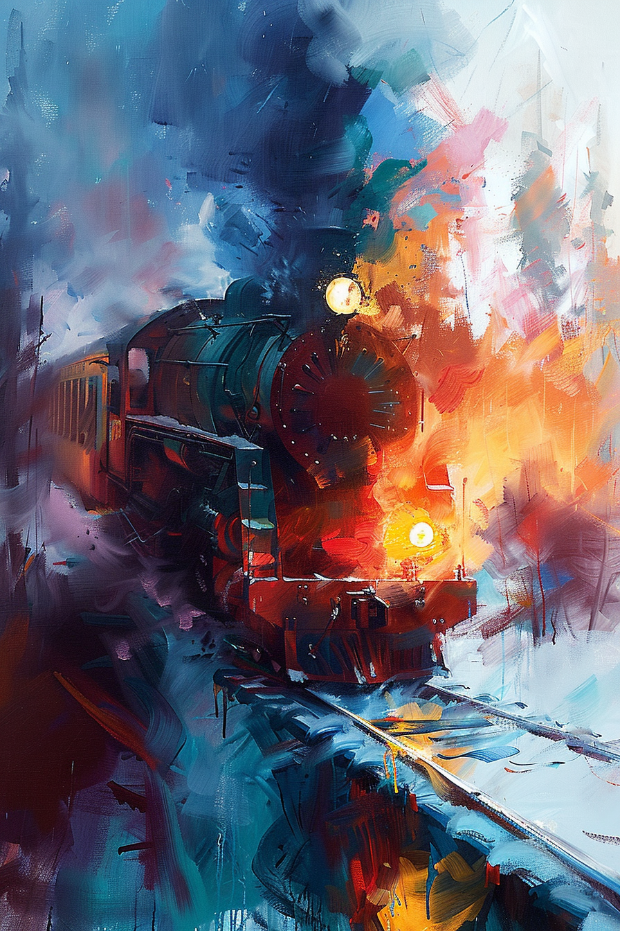 "Colorful, abstract painting of a steam train forging ahead on tracks, with vibrant splashes of red, blue, and yellow hues."