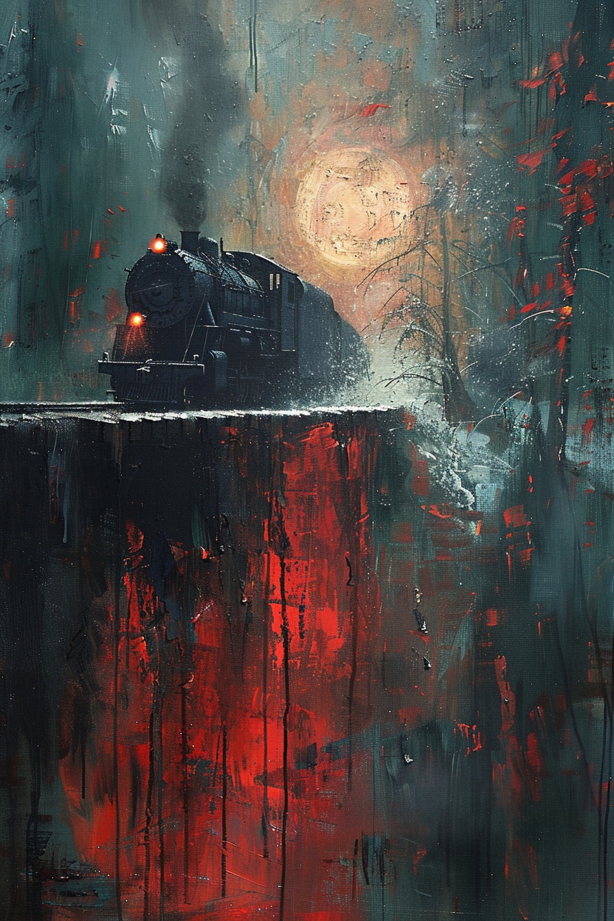 A steam locomotive emerges from the mist, crossing a bridge with a fiery red backdrop in an atmospheric painting.