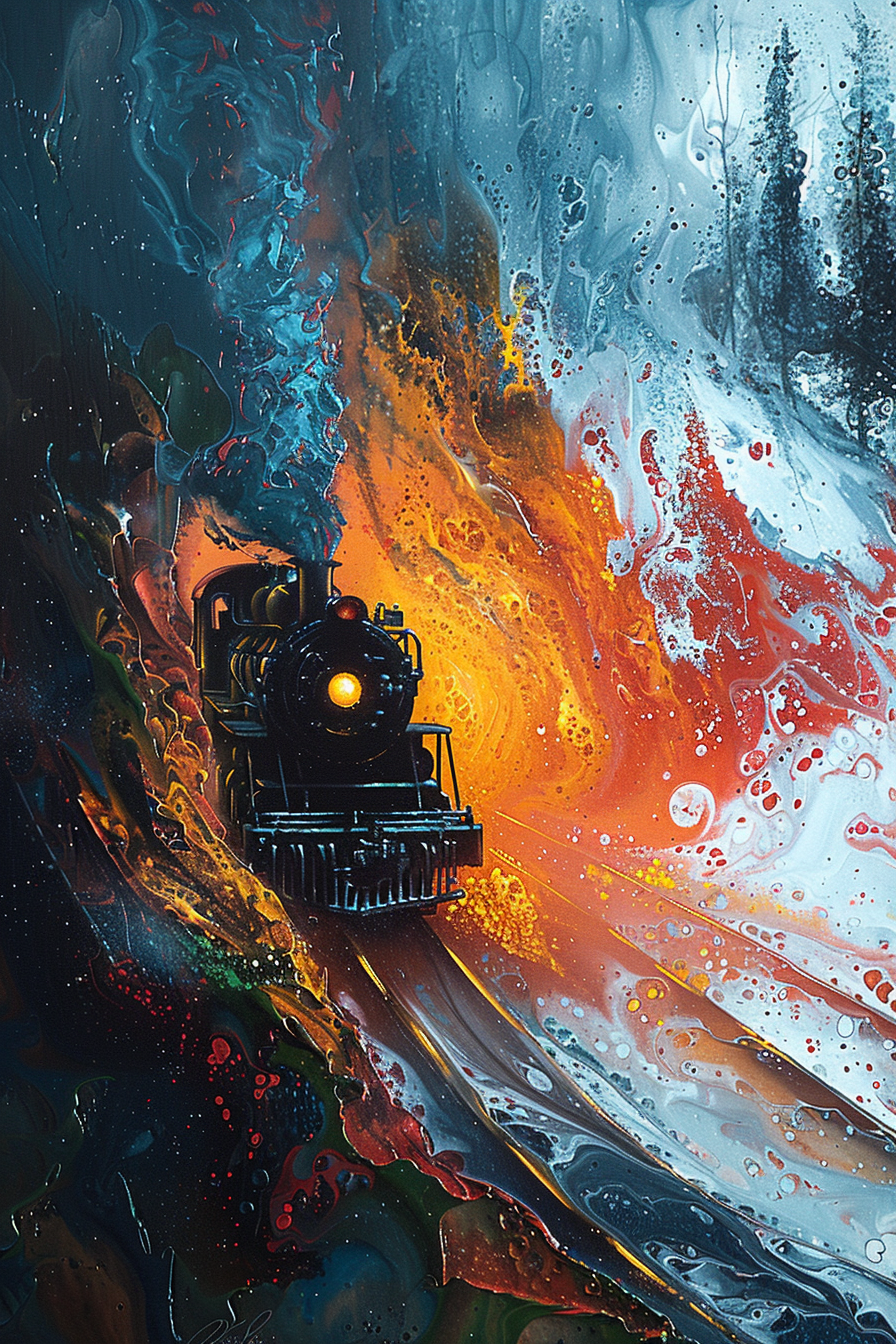 "Oil painting of a steam train emerging from a vivid swirl of colors, evoking a sense of motion and blending reality with abstraction."