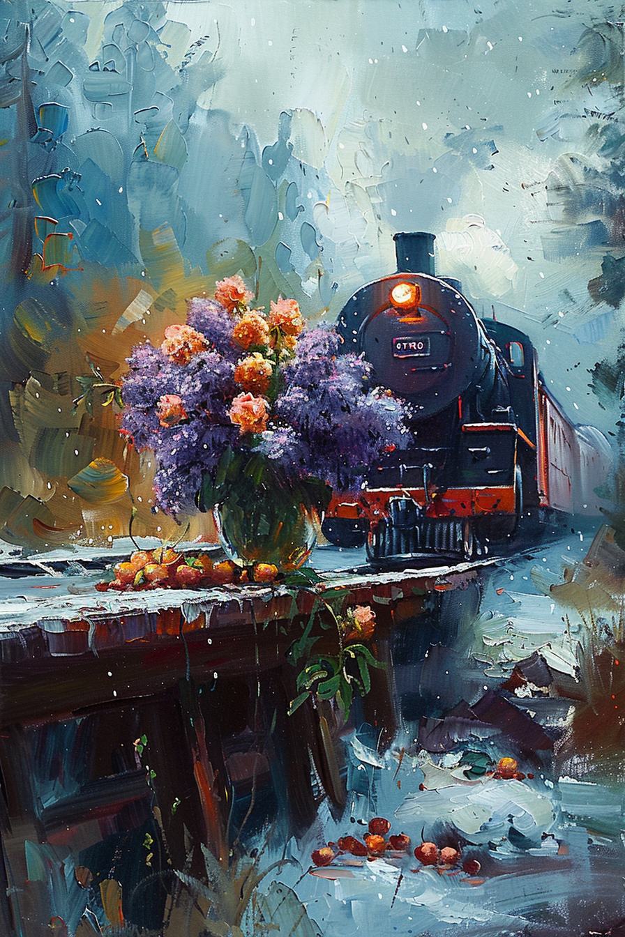 Oil painting of a bright bouquet of flowers on a table with a steam train approaching in the blurred background.
