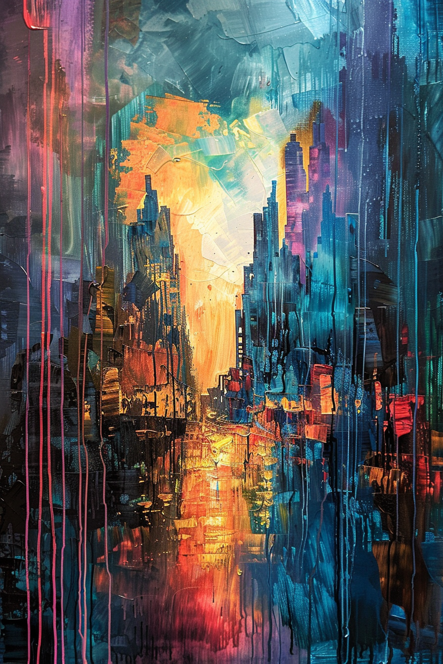 Colorful abstract painting depicting a vibrant, rain-soaked city street with reflections and towering buildings.
