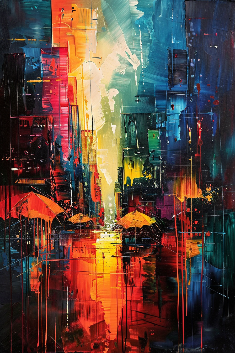 Abstract colorful painting with vivid umbrella silhouettes and reflective cityscape.