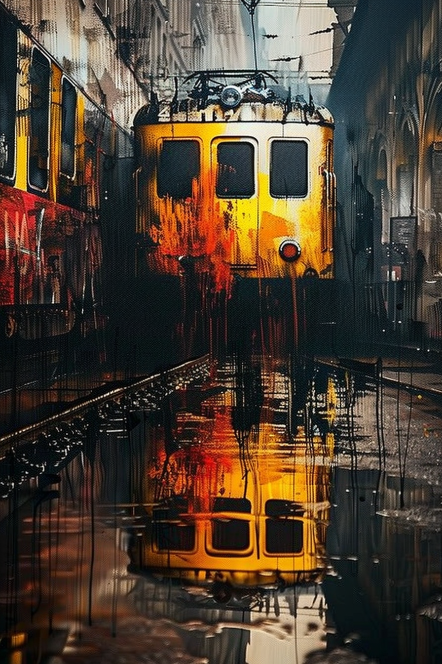 An artistic image of a yellow tram on wet streets with vibrant reflections and a dreamlike, painterly quality.