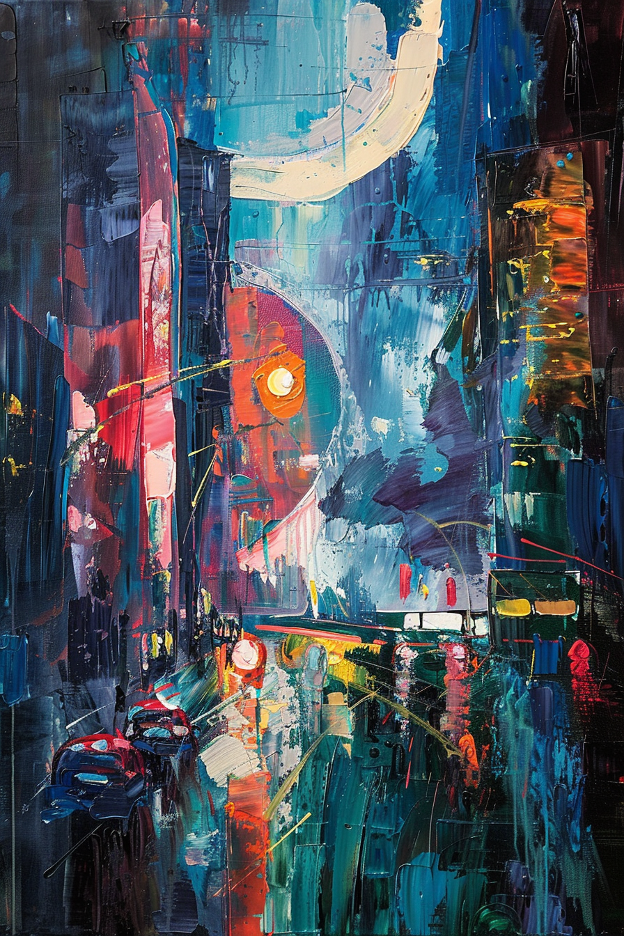 Abstract cityscape painting with bold colors and dynamic brushstrokes depicting an urban night scene with cars and streetlights.