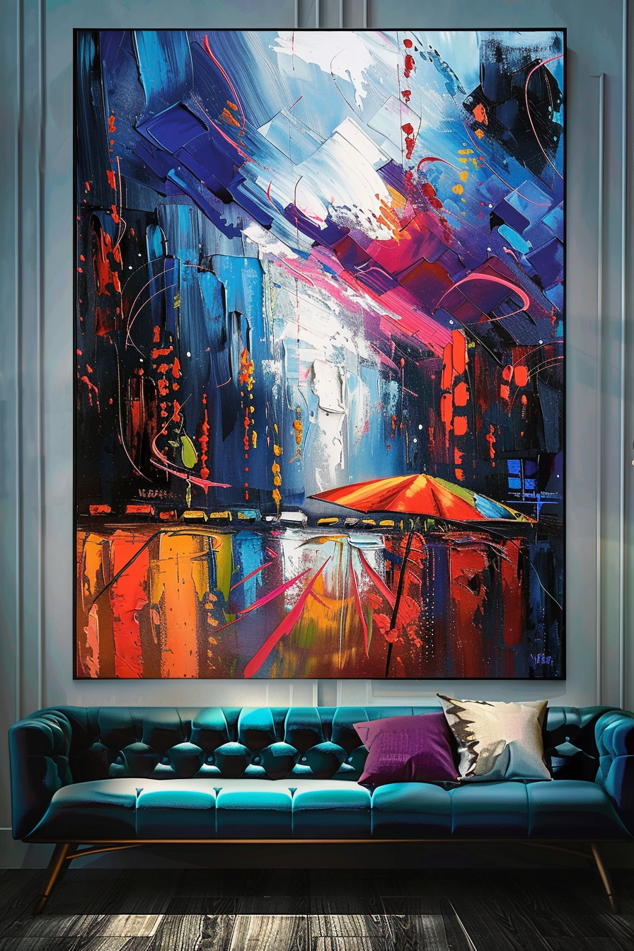Colorful abstract painting depicting a vibrant cityscape above a teal blue modern sofa with decorative pillows.