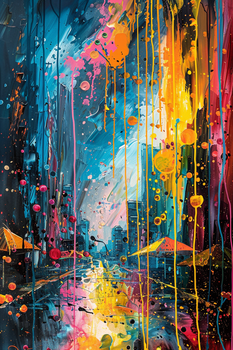 Colorful abstract painting with vivid splashes of blue, orange, and yellow depicting a stylized cityscape.