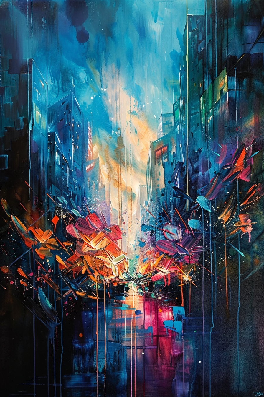 Colorful abstract painting of a vibrant cityscape with dynamic brush strokes and vivid splashes representing flowers.