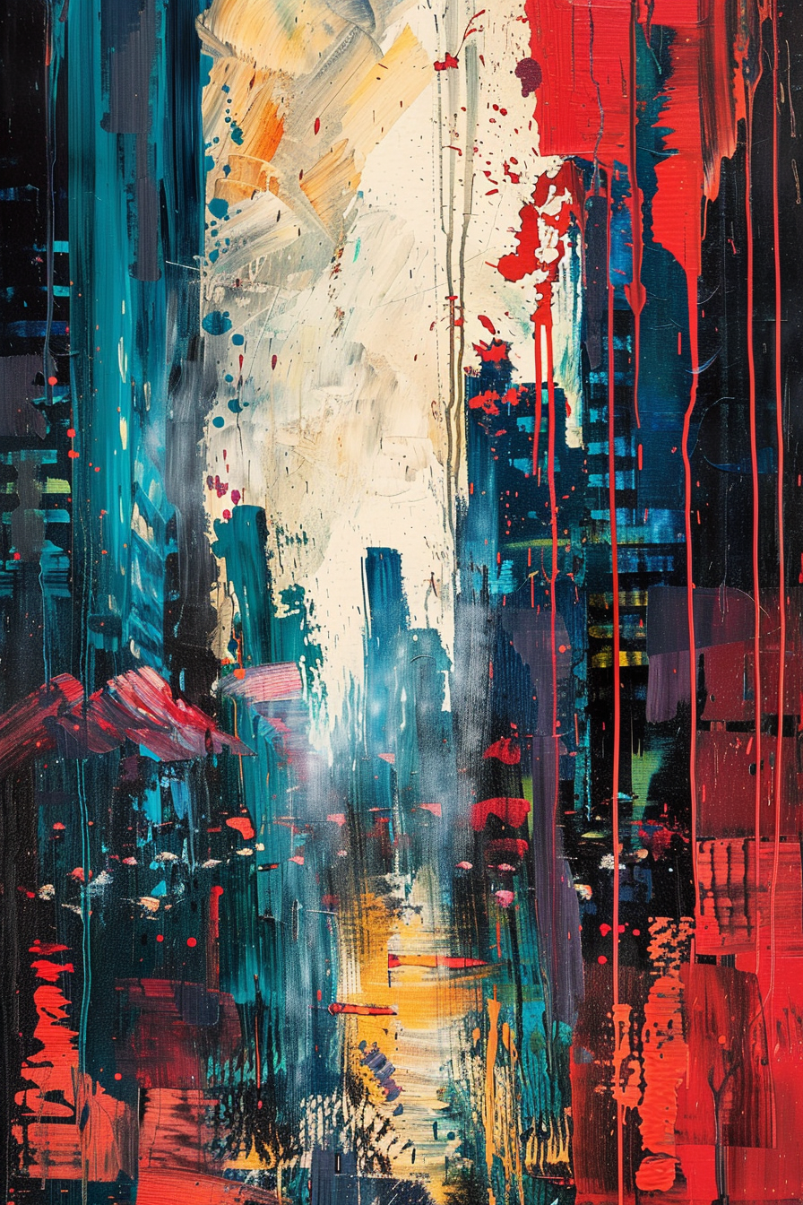 Abstract painting with vibrant streaks of blue, red, and white, suggesting a dynamic cityscape with splattered and dripping paint.
