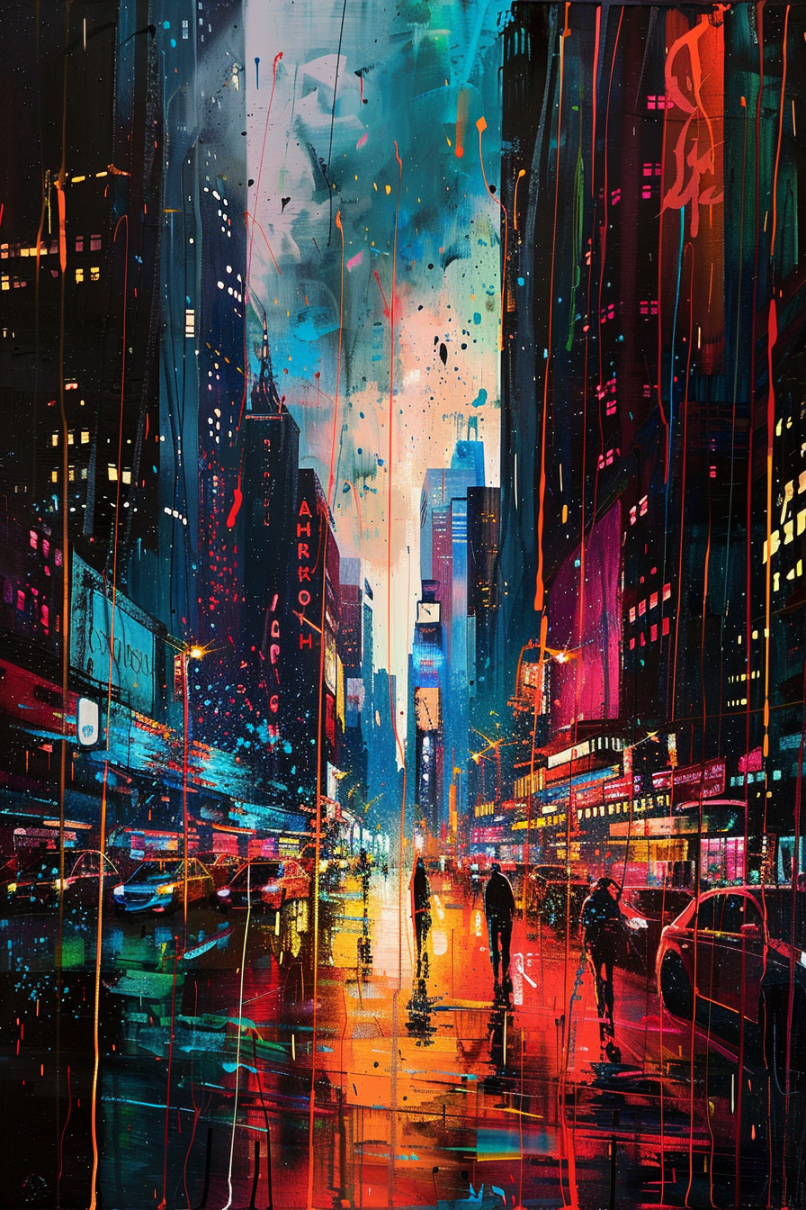 Vibrant, abstract cityscape painting with colorful streaks depicting a rainy urban street at night.