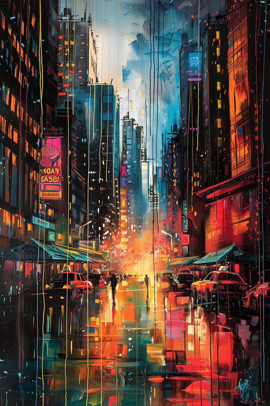 Vibrant, futuristic cityscape painting with neon signs, illuminated buildings, and reflective wet streets under a twilight sky.