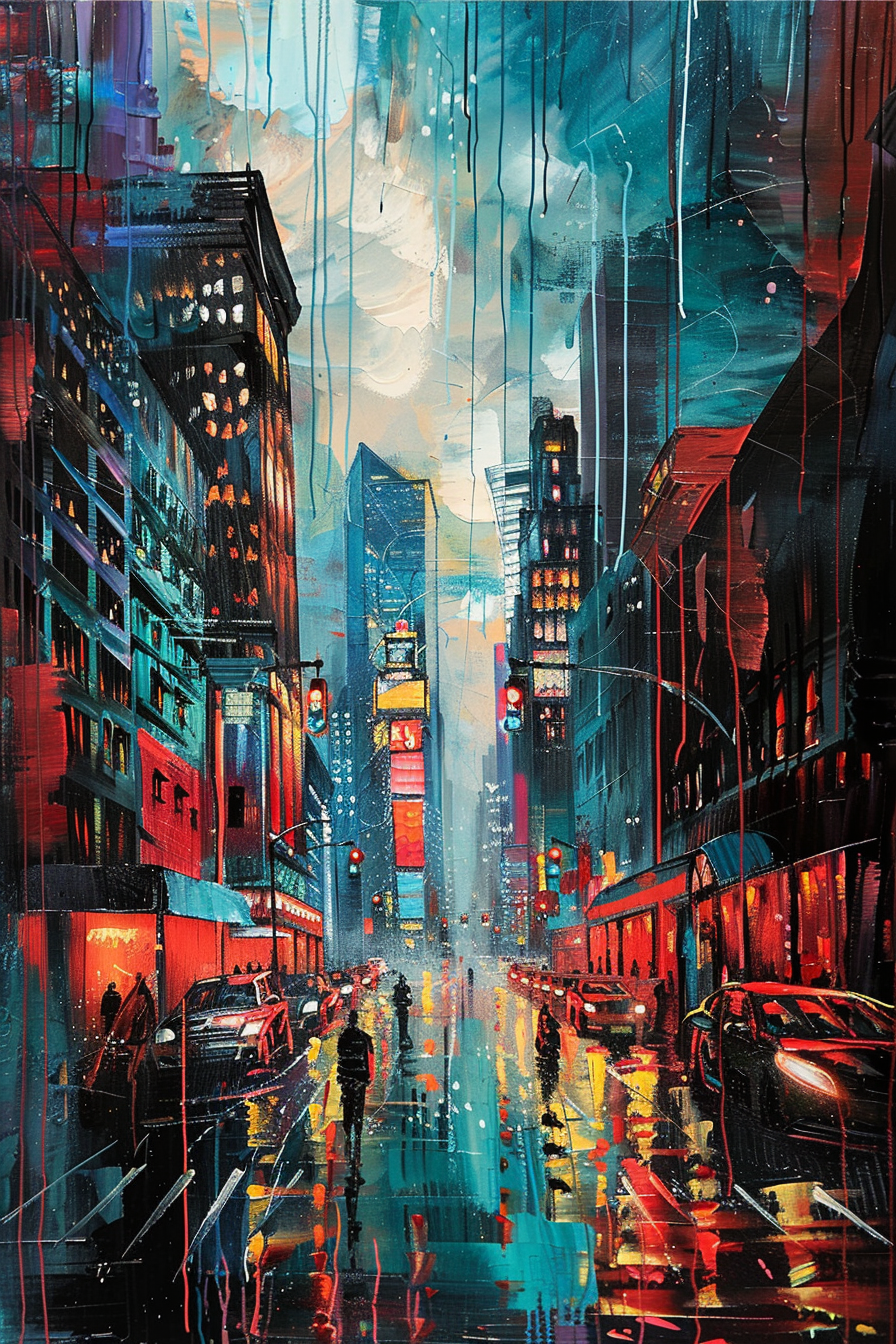 Colorful painting of a rain-soaked city street at night, reflecting lights with cars and silhouetted pedestrians.