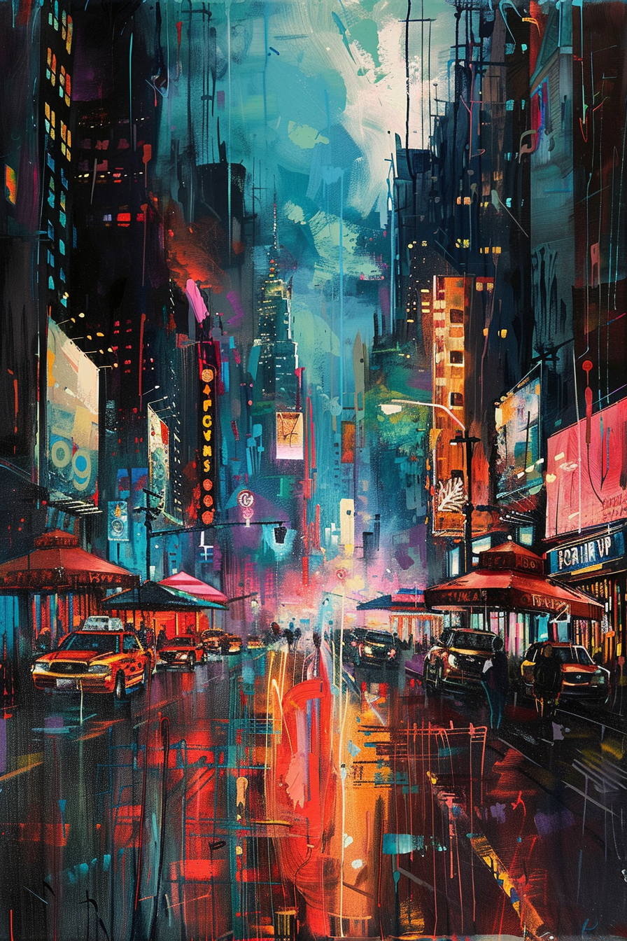 Vibrant cityscape painting depicting a bustling street at night with colorful neon signs, taxis, and reflections on wet pavement.