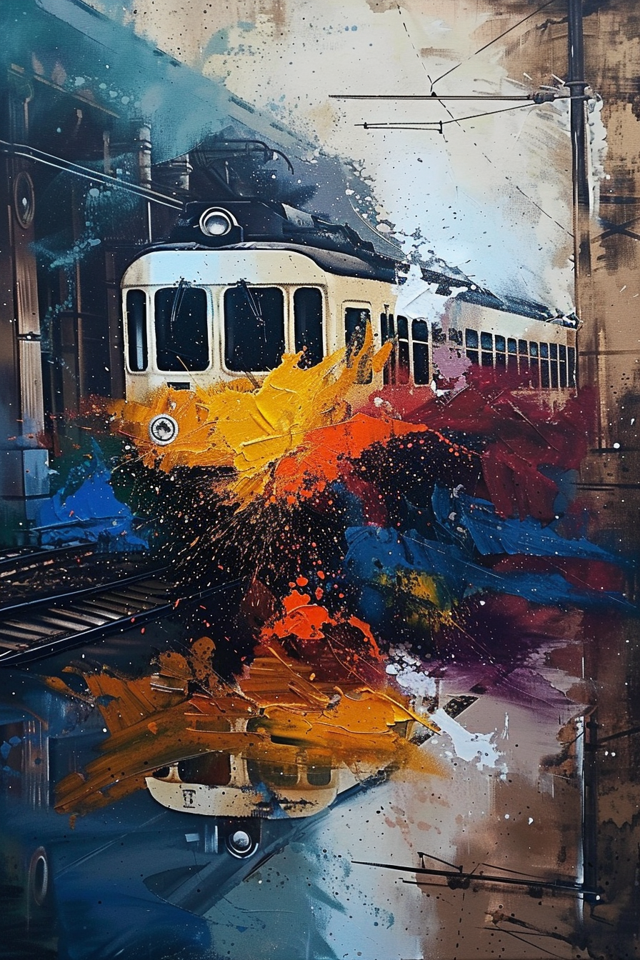 A vibrant painting of a yellow tram with a dynamic, explosive splash of colorful paints, creating an effect of motion and energy.