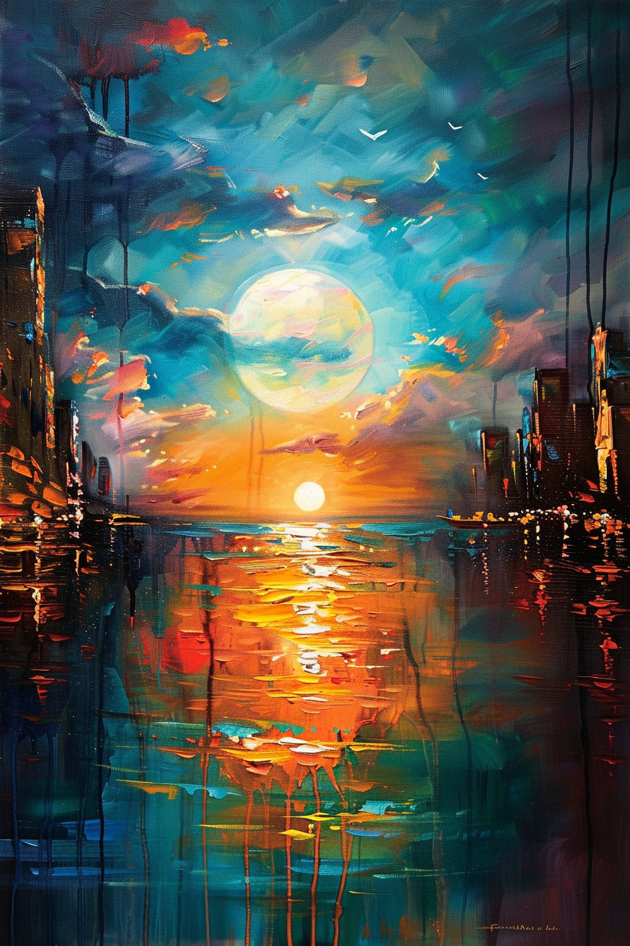 "Vibrant painting depicting a surreal cityscape with a large moon reflecting on water, blending twilight hues of blue and orange."