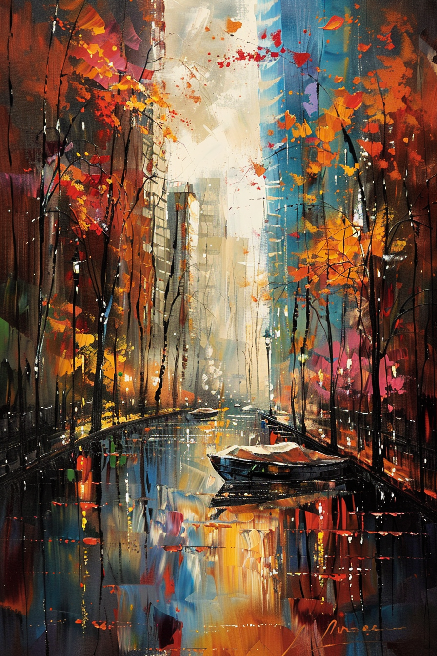 Colorful abstract painting depicting a vibrant cityscape reflected in water with autumn trees and a boat.