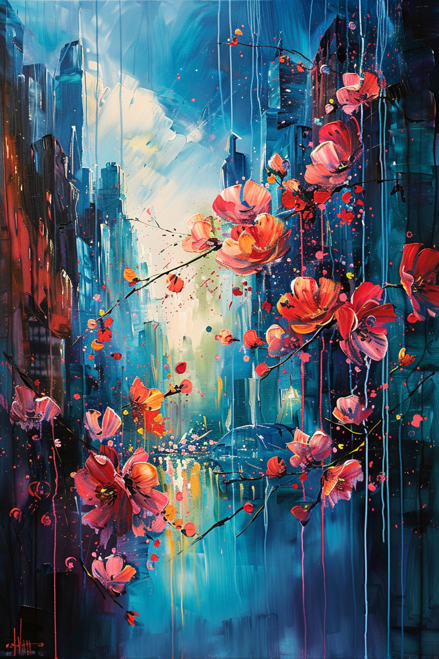 Abstract painting showcasing vibrant red and pink flowers against a background of blue city silhouettes with light streaks.