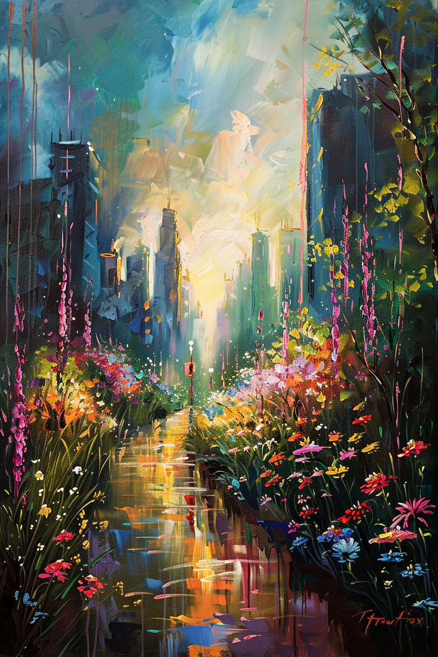 Vibrant impressionistic painting of a stylized cityscape with colorful flowers in the foreground and luminous buildings in the distance.
