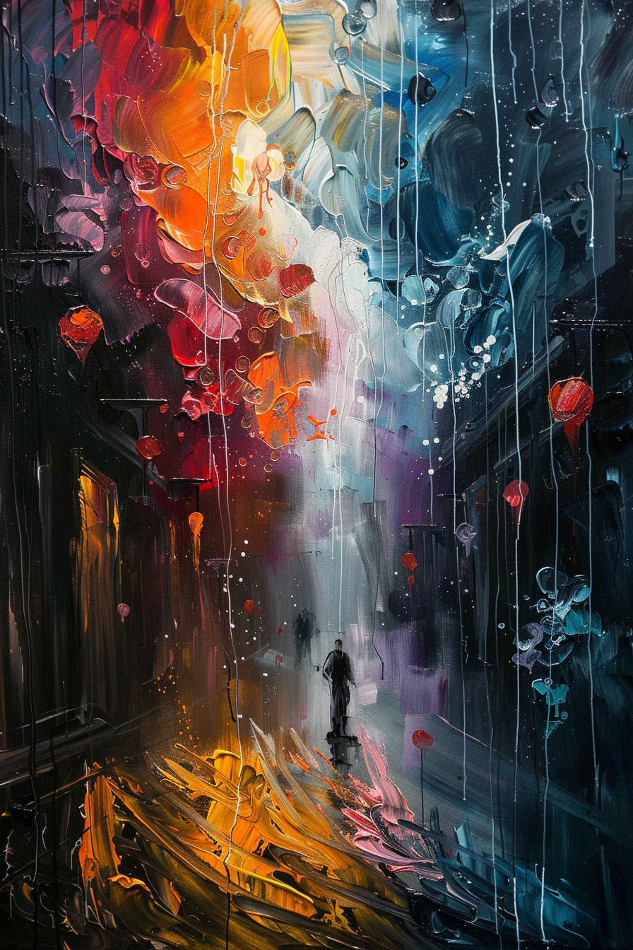 Abstract colorful painting with a person standing amidst vibrant splashes of red, orange, and blue depicting a dynamic, almost flame-like street scene.