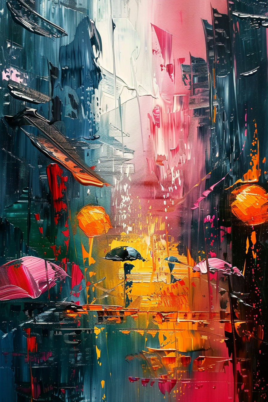 Abstract vibrant painting with vivid splashes of color resembling rainy cityscape with reflective umbrellas.