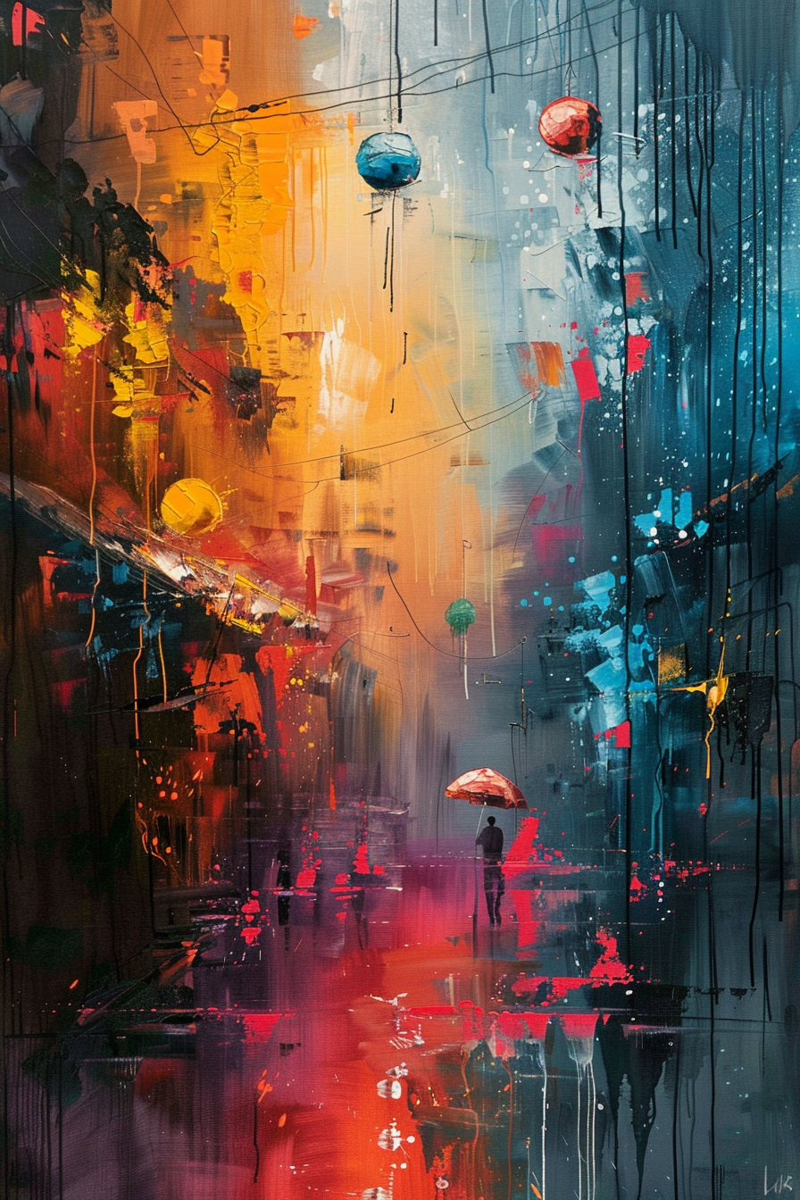 Abstract colorful cityscape painting with a figure holding a red umbrella amidst vibrant splashes and strokes of paint.