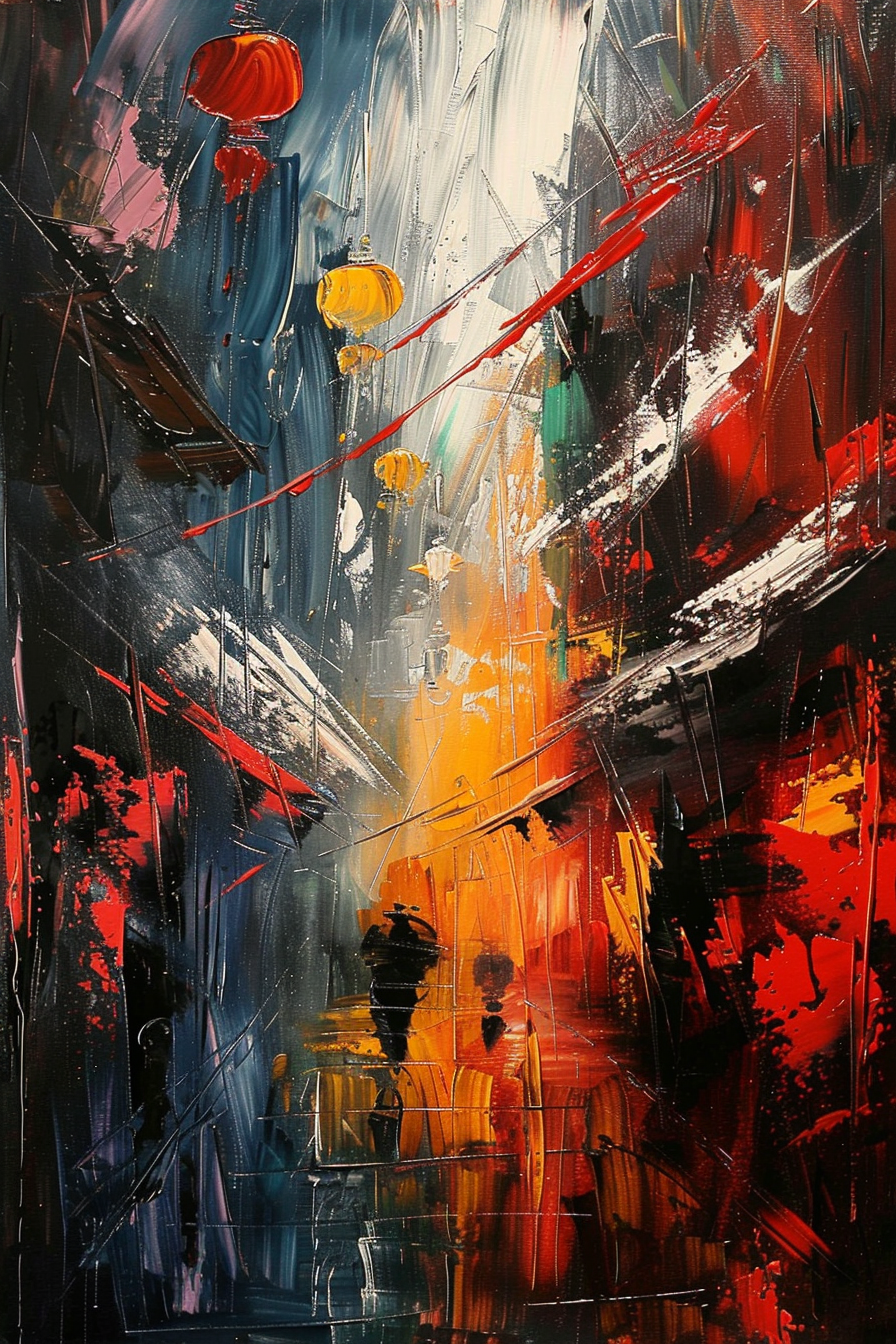 ALT Text: "Abstract expressionist painting with vibrant splashes of red, yellow, and blue, depicting a dynamic, urban scene with hints of street lamps."