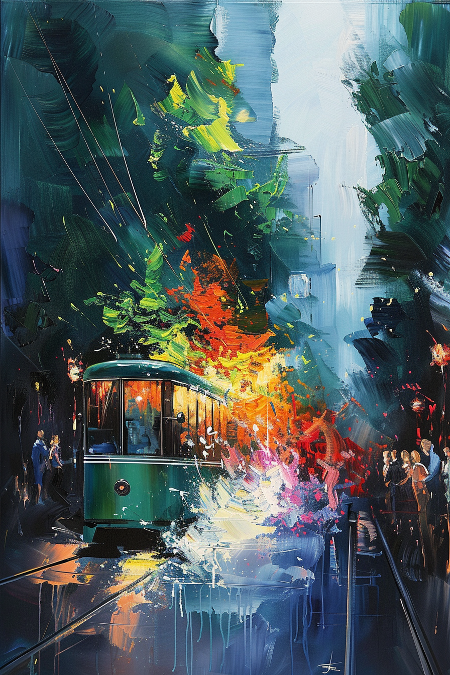 Vibrant, expressionist painting depicting a streetcar in a colorful cityscape at night, with dynamic brushstrokes and lively figures.