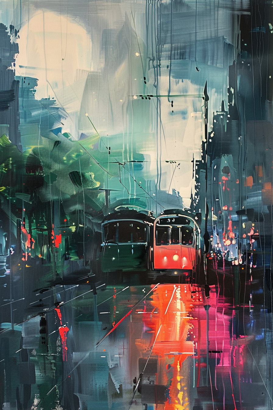 "Abstract cityscape painting with vibrant colors depicting two trams on wet streets, reflecting city lights under a dusky sky."