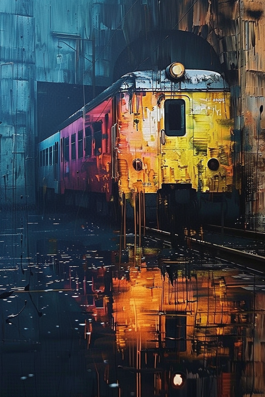 ALT: Vibrant painting of a train with yellow and pink hues reflecting on wet railway tracks, exuding a moody, atmospheric vibe.