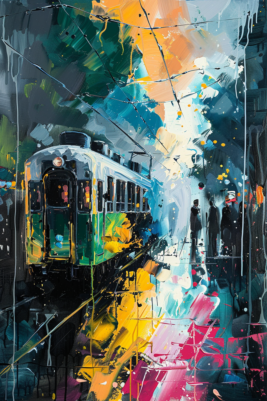 A vibrant abstract painting depicting a train at a station with splashes of colors and silhouettes of passengers.