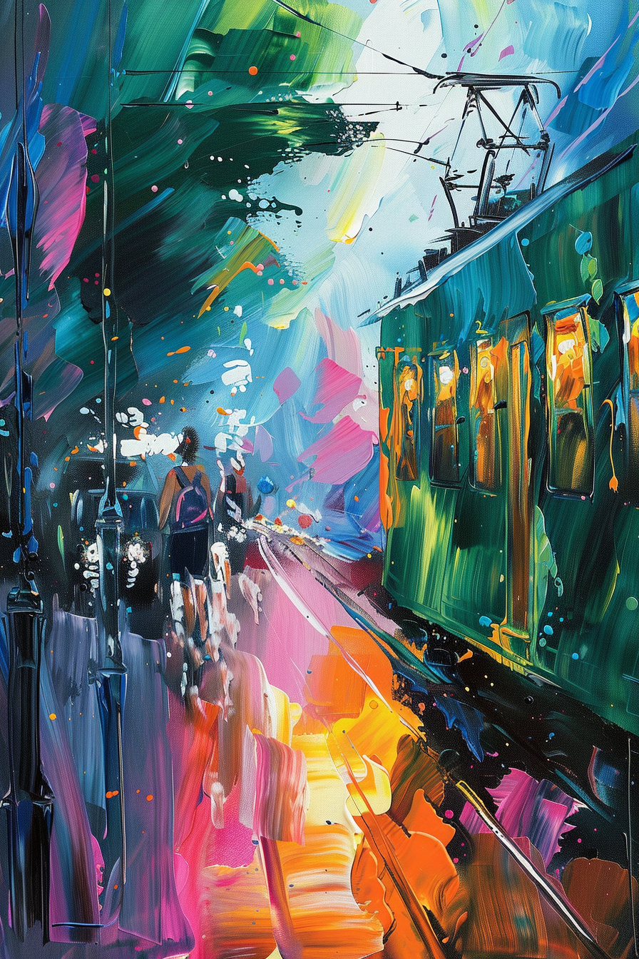 Vibrant, abstract painting of a bustling train station with colorful streaks and splatters depicting movement and energy.