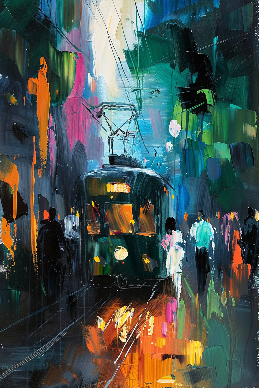 Abstract cityscape painting with a tram and blurred figures resembling pedestrians in vibrant, expressive colors.