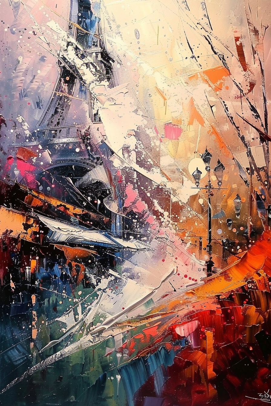 Abstract, colorful painting depicting the Eiffel Tower with dynamic brushstrokes and vibrant splashes of paint.