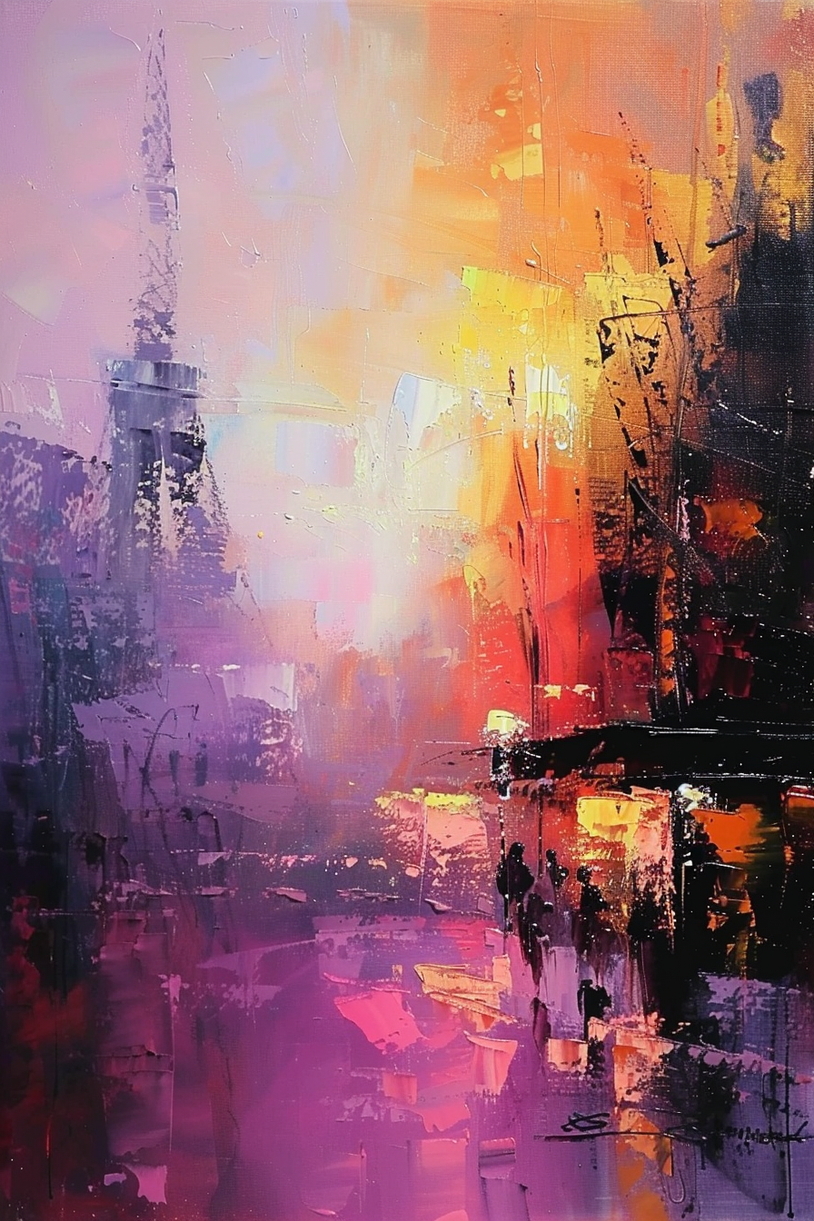 Abstract painting with vivid orange and pink hues, representing a cityscape with a tower silhouette and reflections.