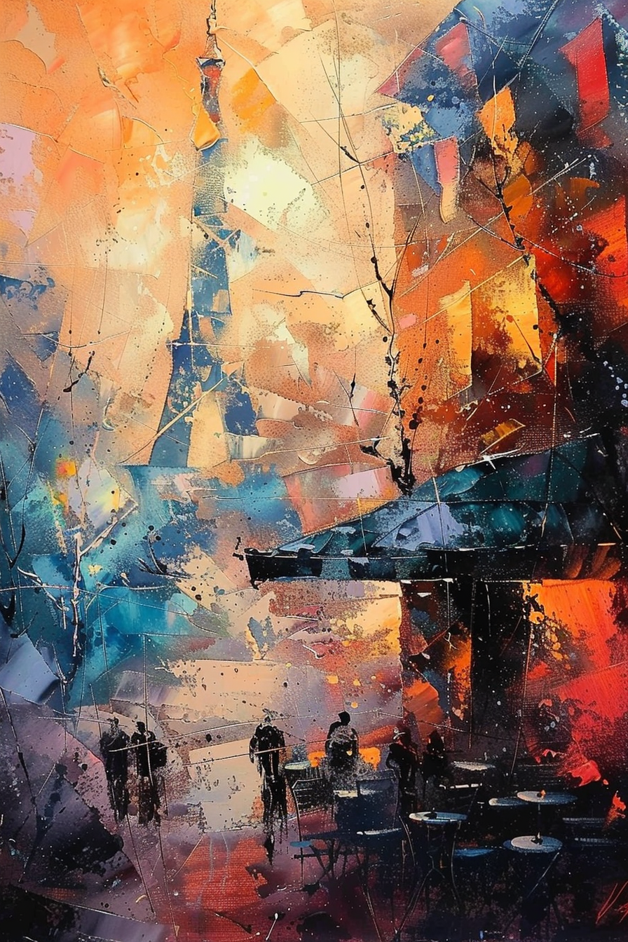 Colorful abstract cityscape painting with silhouettes of people, geometric shapes, and vibrant splashes of orange, blue, and red.