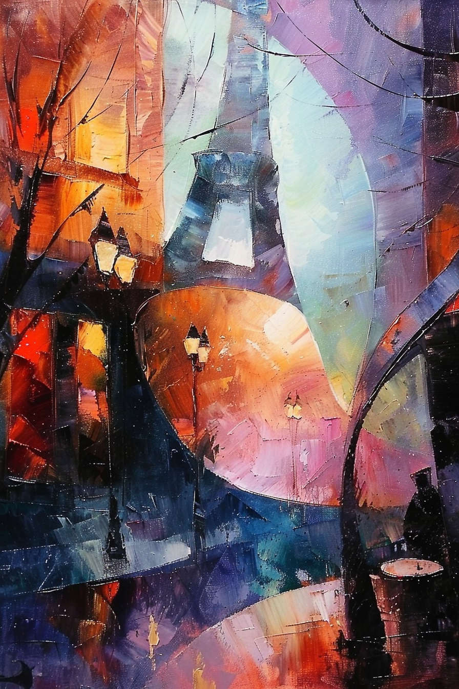 Abstract colorful painting of a street with glowing lamps, possibly evoking a lively evening atmosphere.