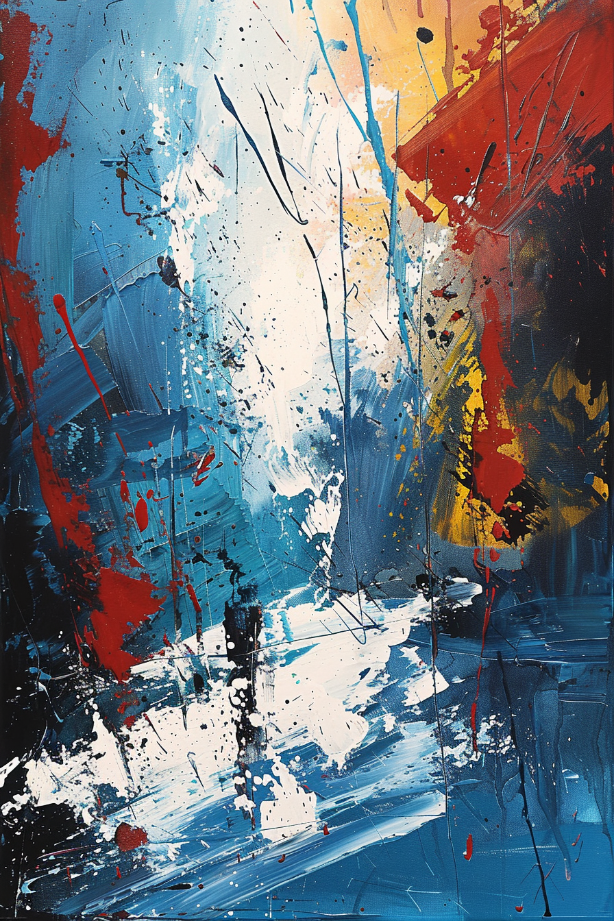 Abstract painting with dynamic splashes of blue, red, and yellow on a textured background.