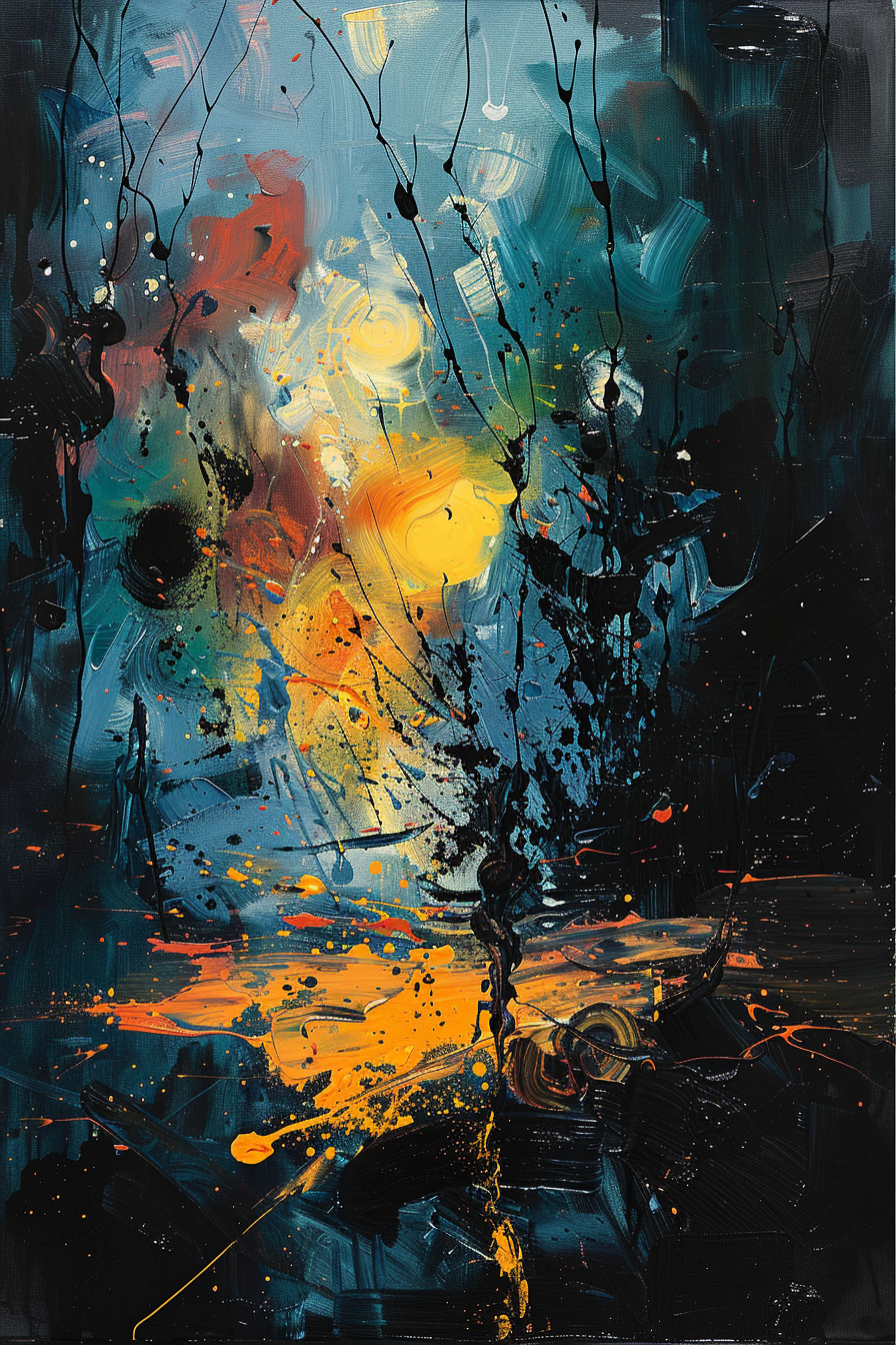 Abstract expressionist painting with vibrant splashes of yellow, orange, and blue against a dark backdrop.