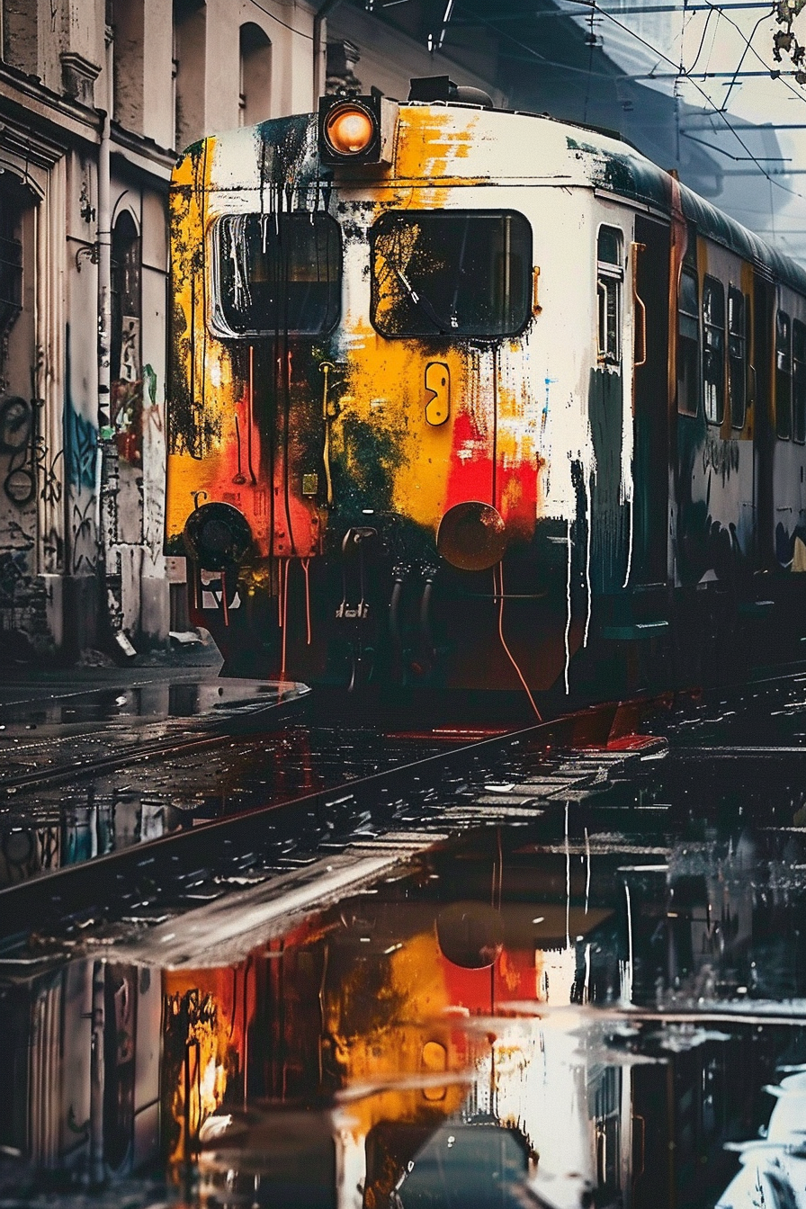 A colorful graffiti-covered tram on wet city streets, reflecting in the water with its headlights on.