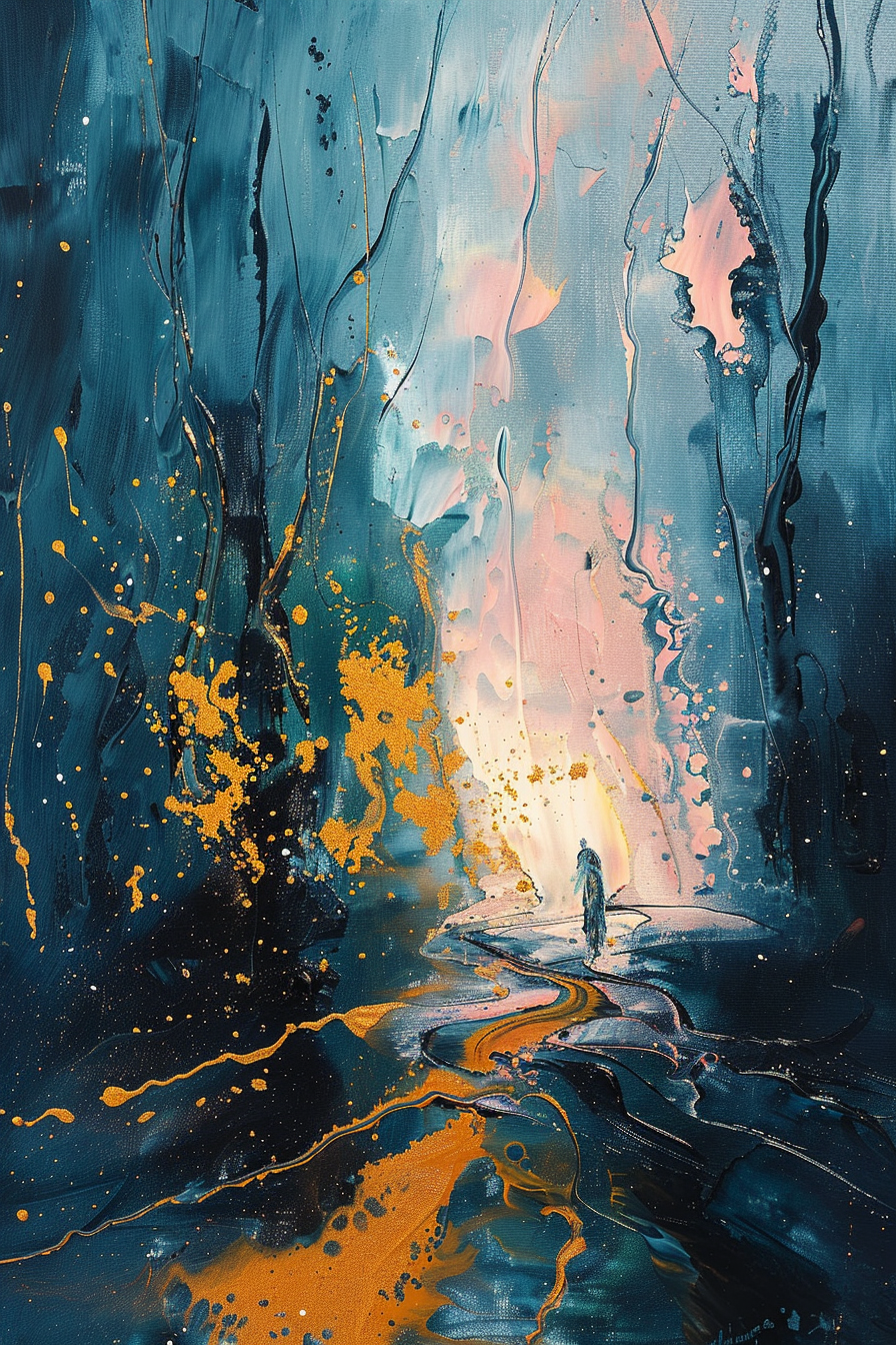 Abstract acrylic painting with vivid blue, pink, and yellow splashes, depicting a lone figure and a dreamlike landscape.