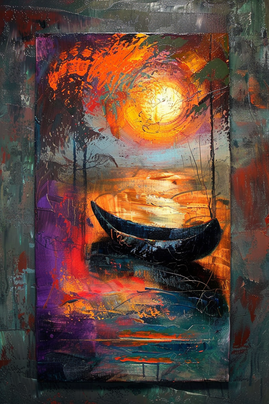 "Vibrant abstract painting of an orange sun setting over water with silhouettes of trees and a boat in the foreground."