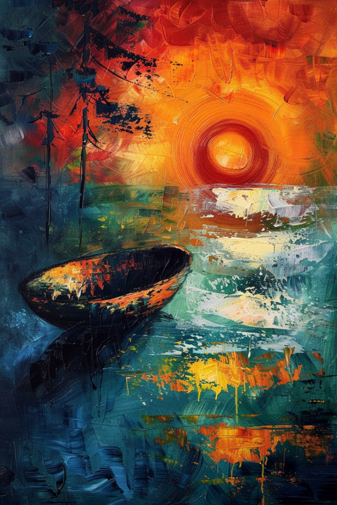 Abstract painting with vivid orange and blue hues depicting a fiery sunset over a calm sea with a silhouette of a boat.