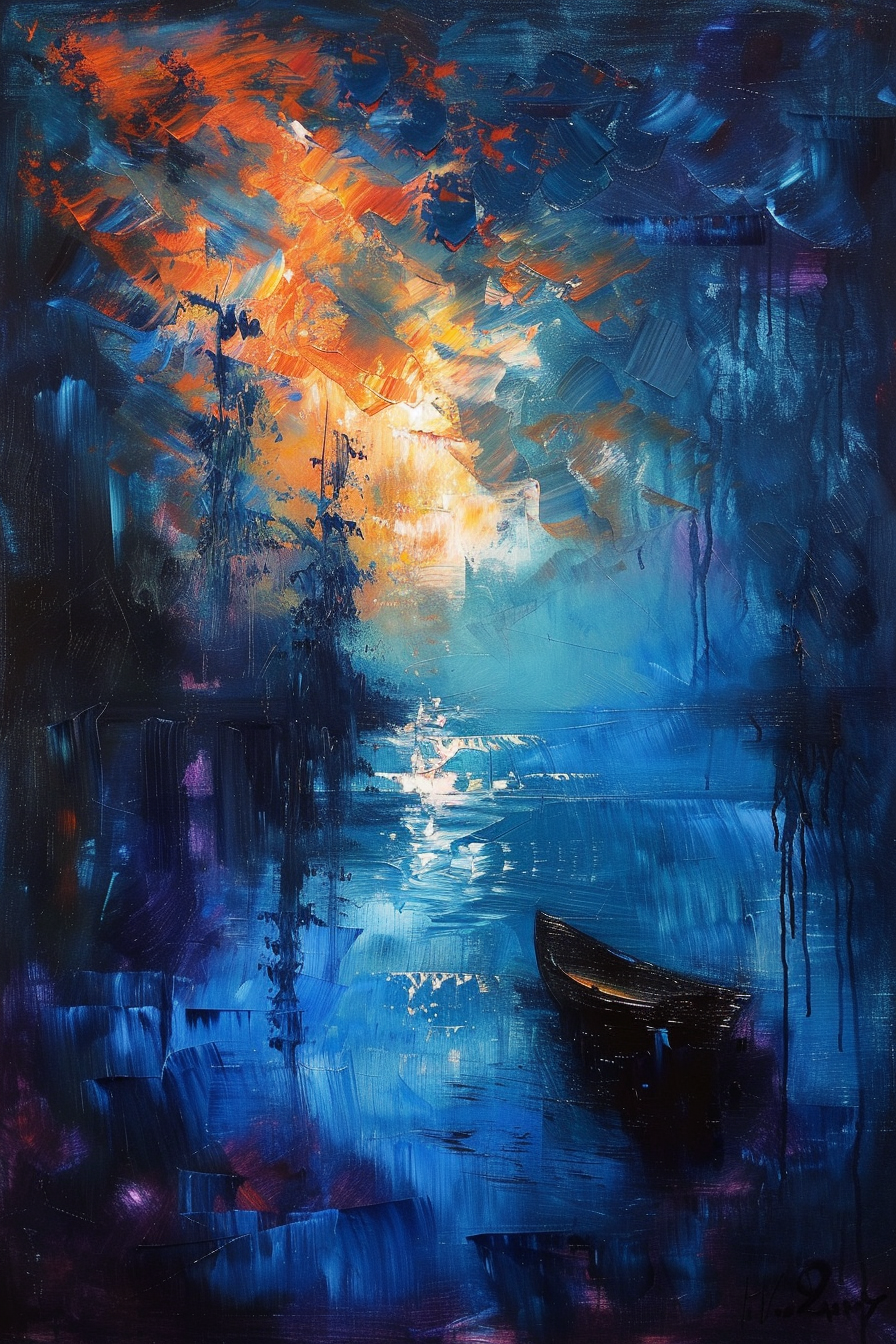 Vibrant abstract painting of a sunset over a calm sea with reflections in the water and a solitary boat.