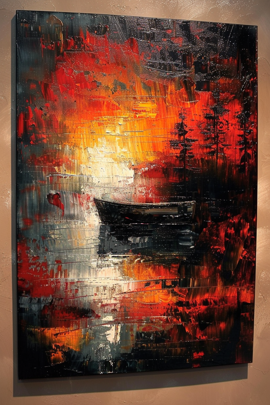 ALT text: Abstract painting featuring vibrant reds and blacks, depicting a solitary boat against a backdrop of reflected trees on water.