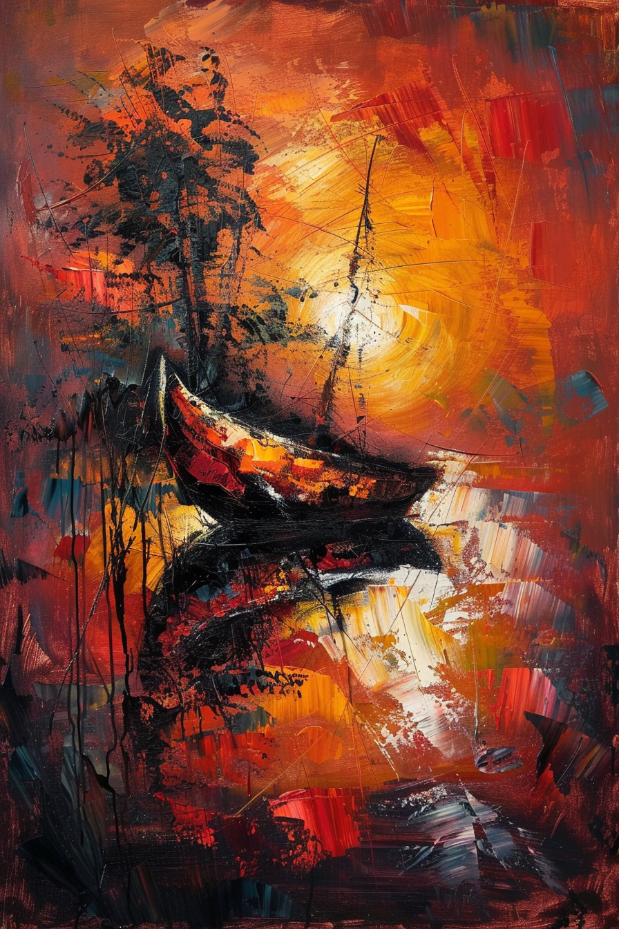 Abstract painting with vibrant red and orange tones depicting a boat against a radiating sun-like backdrop.